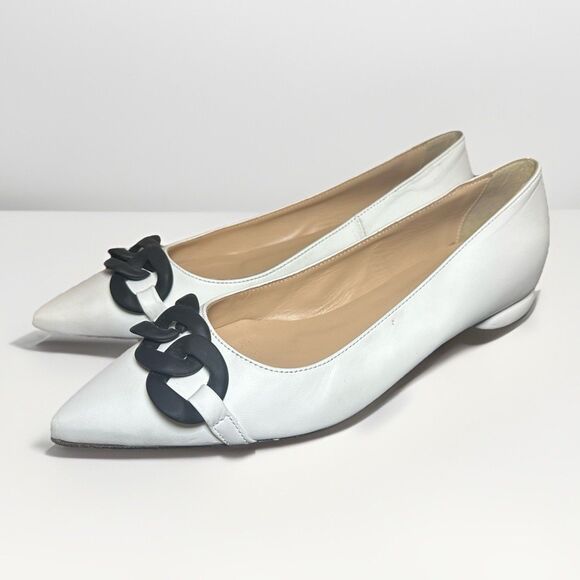 Beautiisoles Mimi Flats White Leather Black‎ Chain Pointed Toe Shoes Women's 10 - Picture 1 of 13